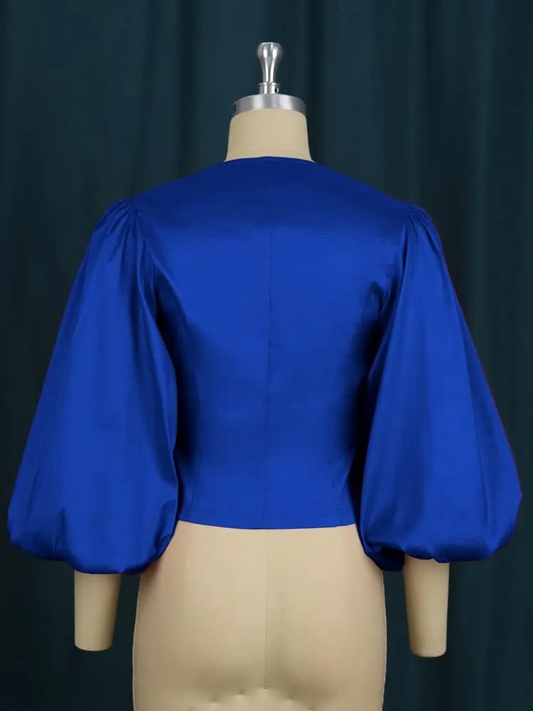 AOMEI Women's V Neck Top Button Down Big Lantern Sleeve Blouse