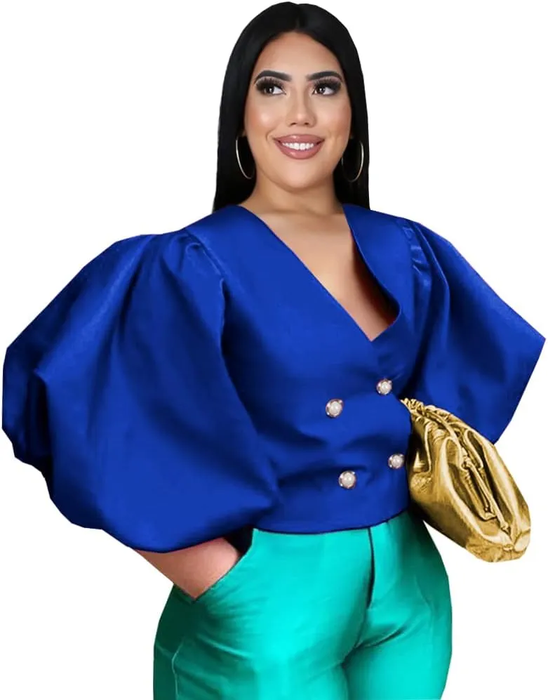 AOMEI Women's V Neck Top Button Down Big Lantern Sleeve Blouse