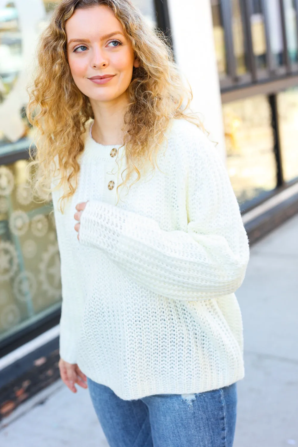 Better Than Ever Ivory Loose Knit Henley Button Sweater