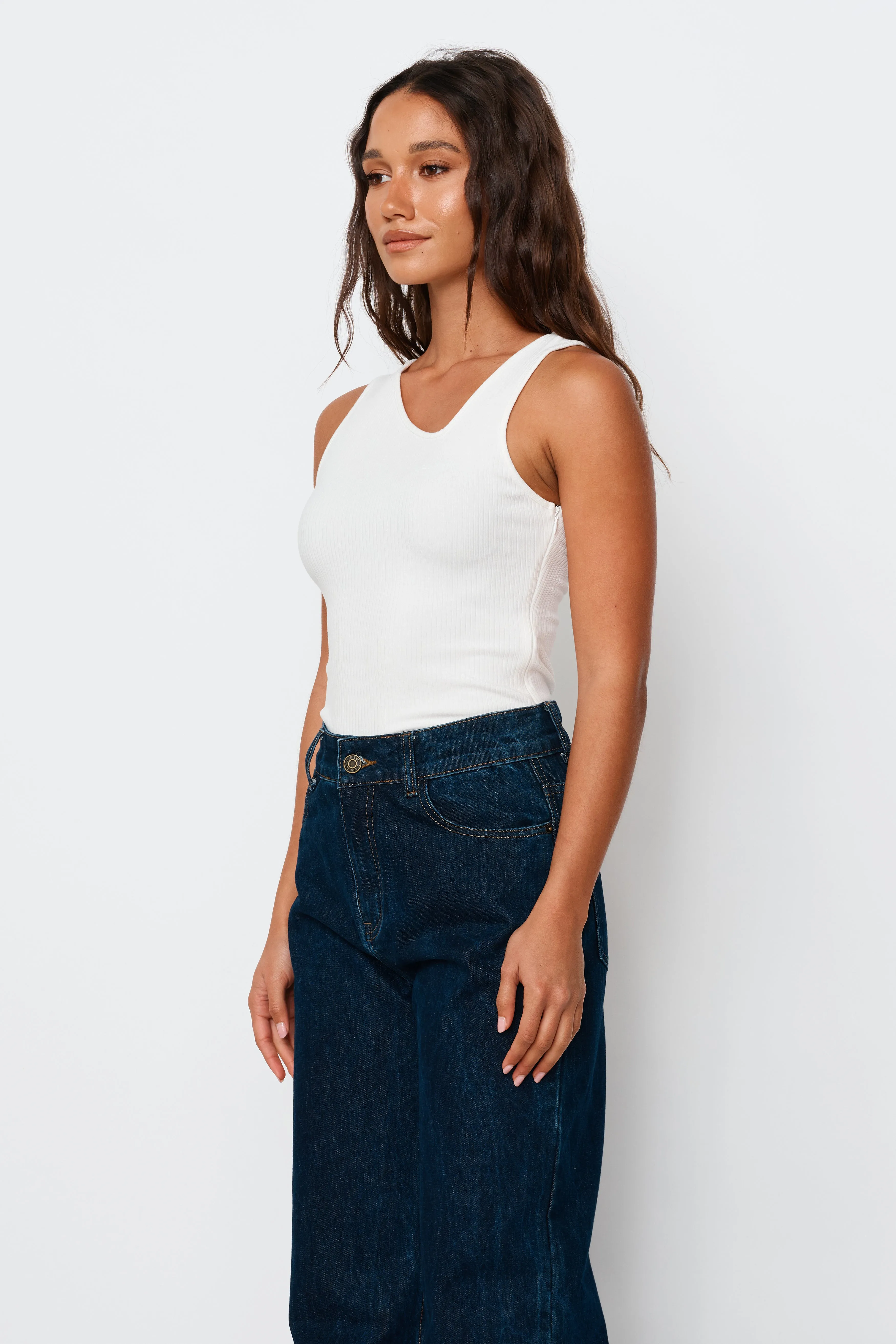 Eva Asymmetrical Ribbed Tank - White