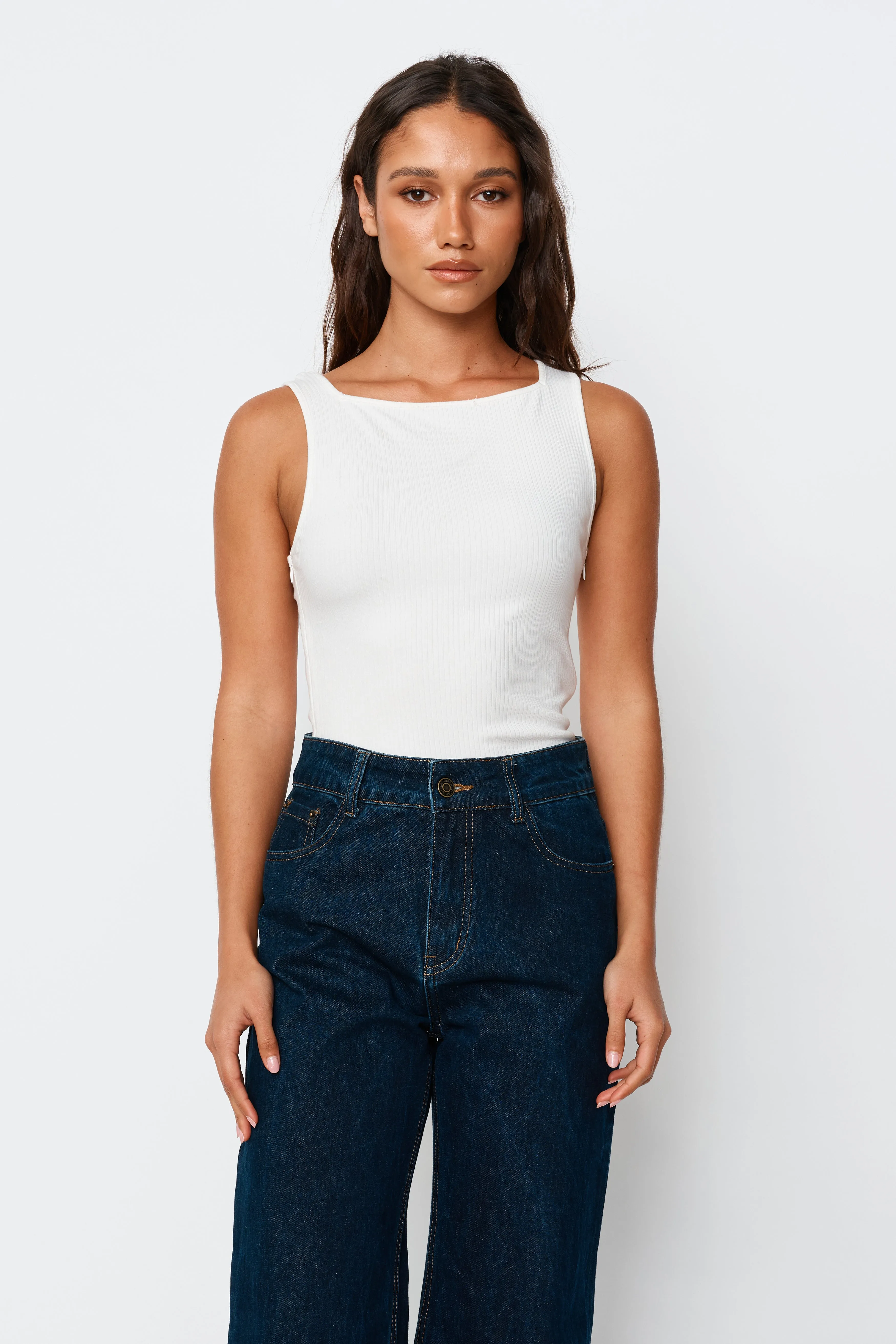 Eva Asymmetrical Ribbed Tank - White