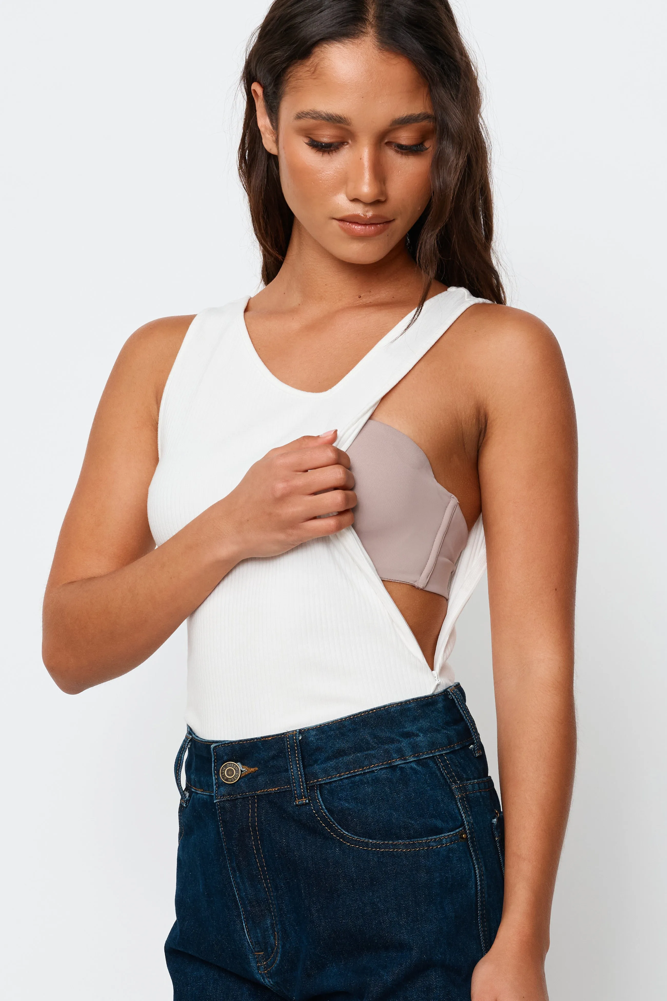 Eva Asymmetrical Ribbed Tank - White