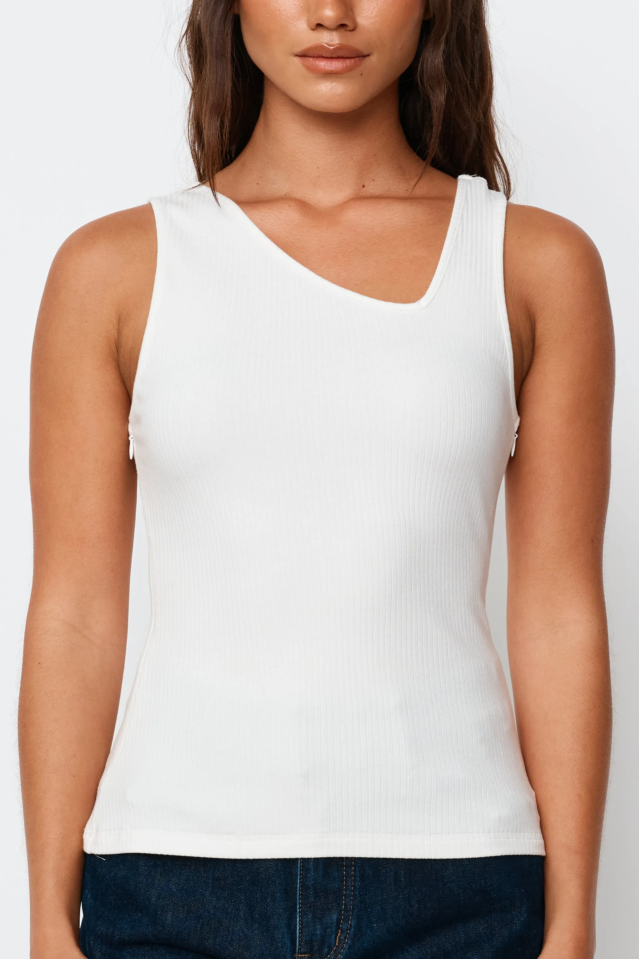 Eva Asymmetrical Ribbed Tank - White