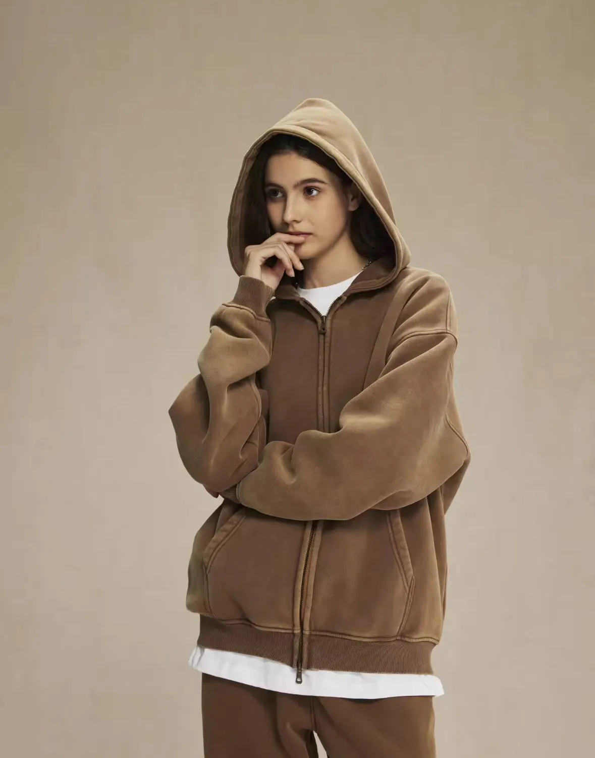 Faded Brown Double Zip Up Hoodie