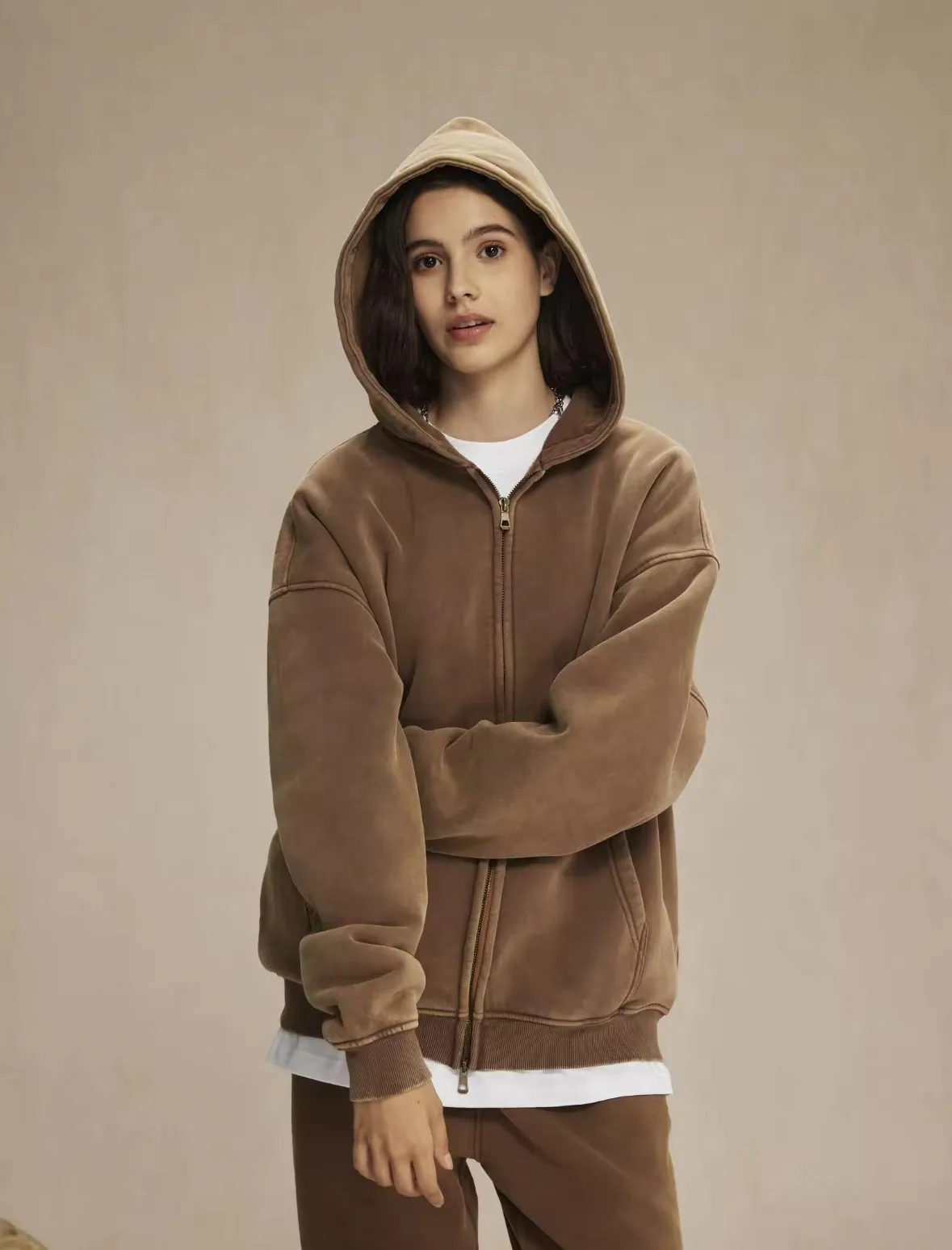 Faded Brown Double Zip Up Hoodie