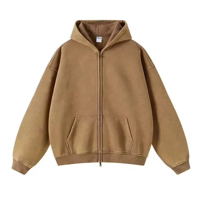 Faded Brown Double Zip Up Hoodie