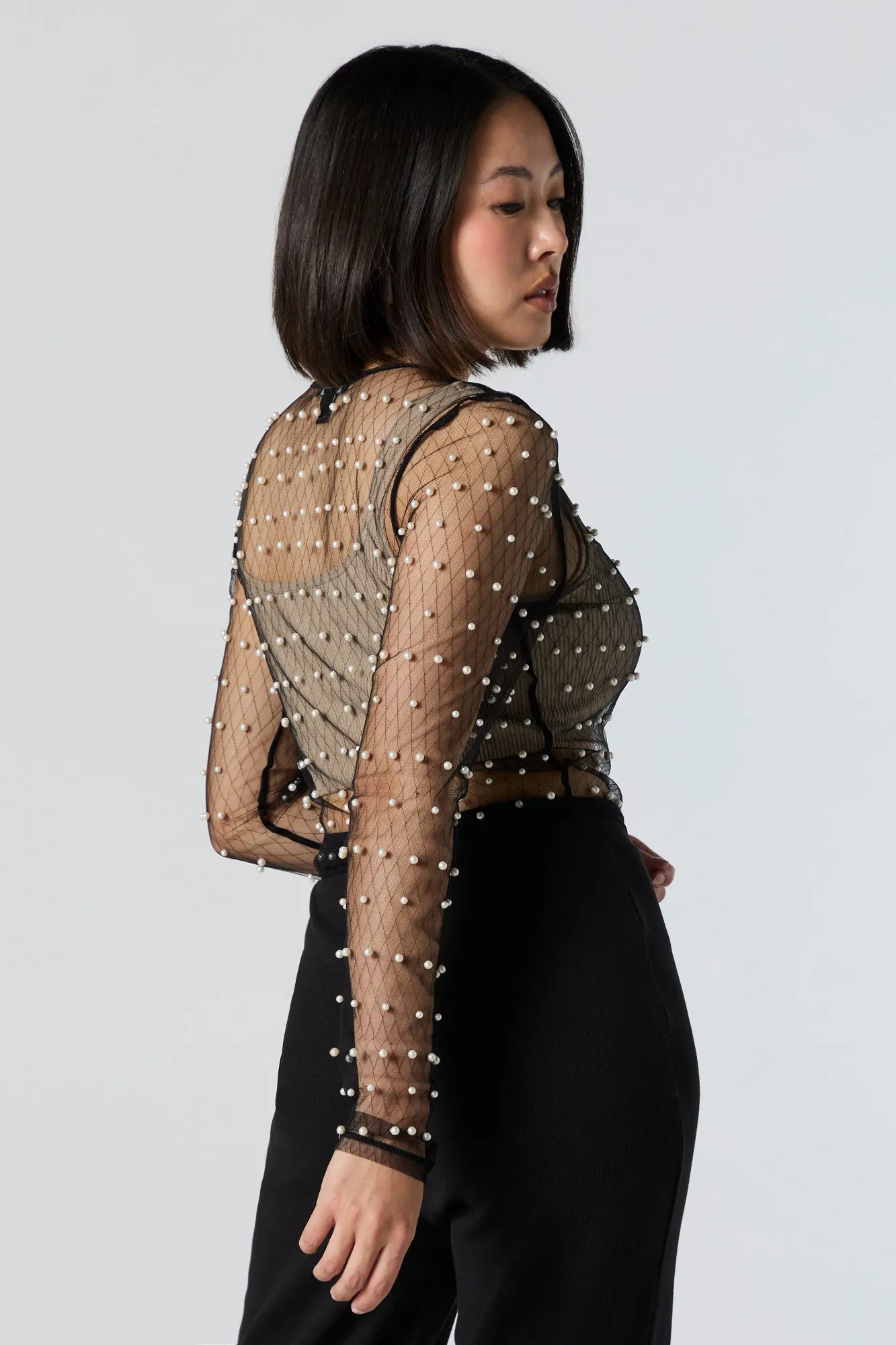 Faux Pearl Mesh Long Sleeve Crop Top