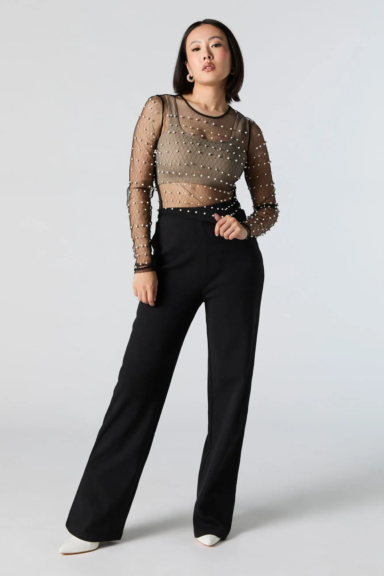 Faux Pearl Mesh Long Sleeve Crop Top