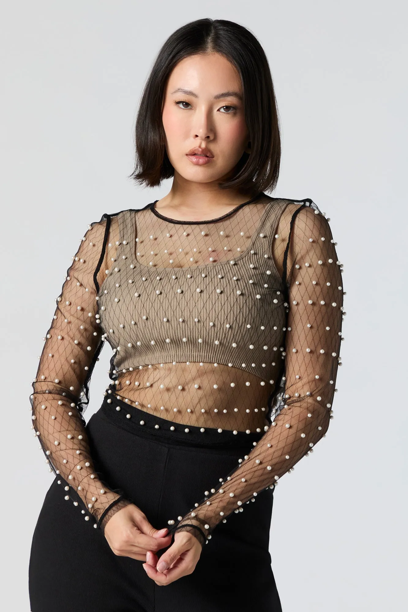 Faux Pearl Mesh Long Sleeve Crop Top