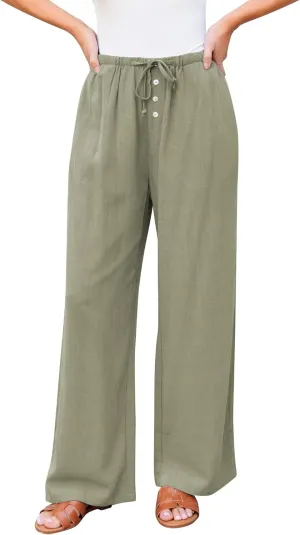 GRAPENT Linen Wide Leg Pants Woman High Waisted Pull On Button Drawstring Baggy Casual Summer Palazzo Pants with Pockets