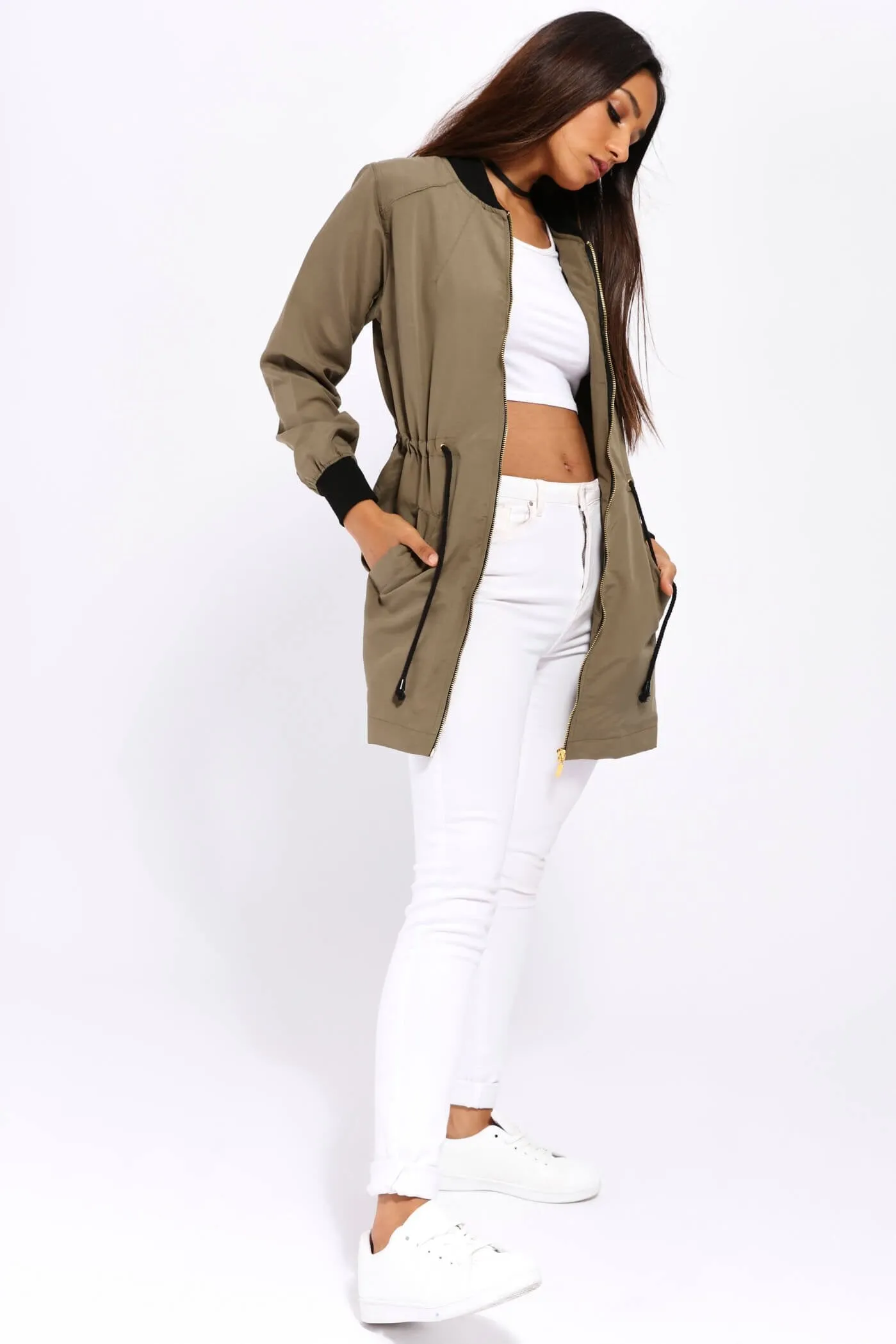 Khaki Zip Front Tie Waist Jacket
