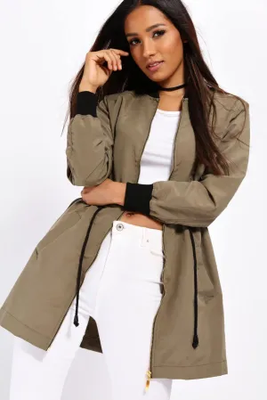 Khaki Zip Front Tie Waist Jacket