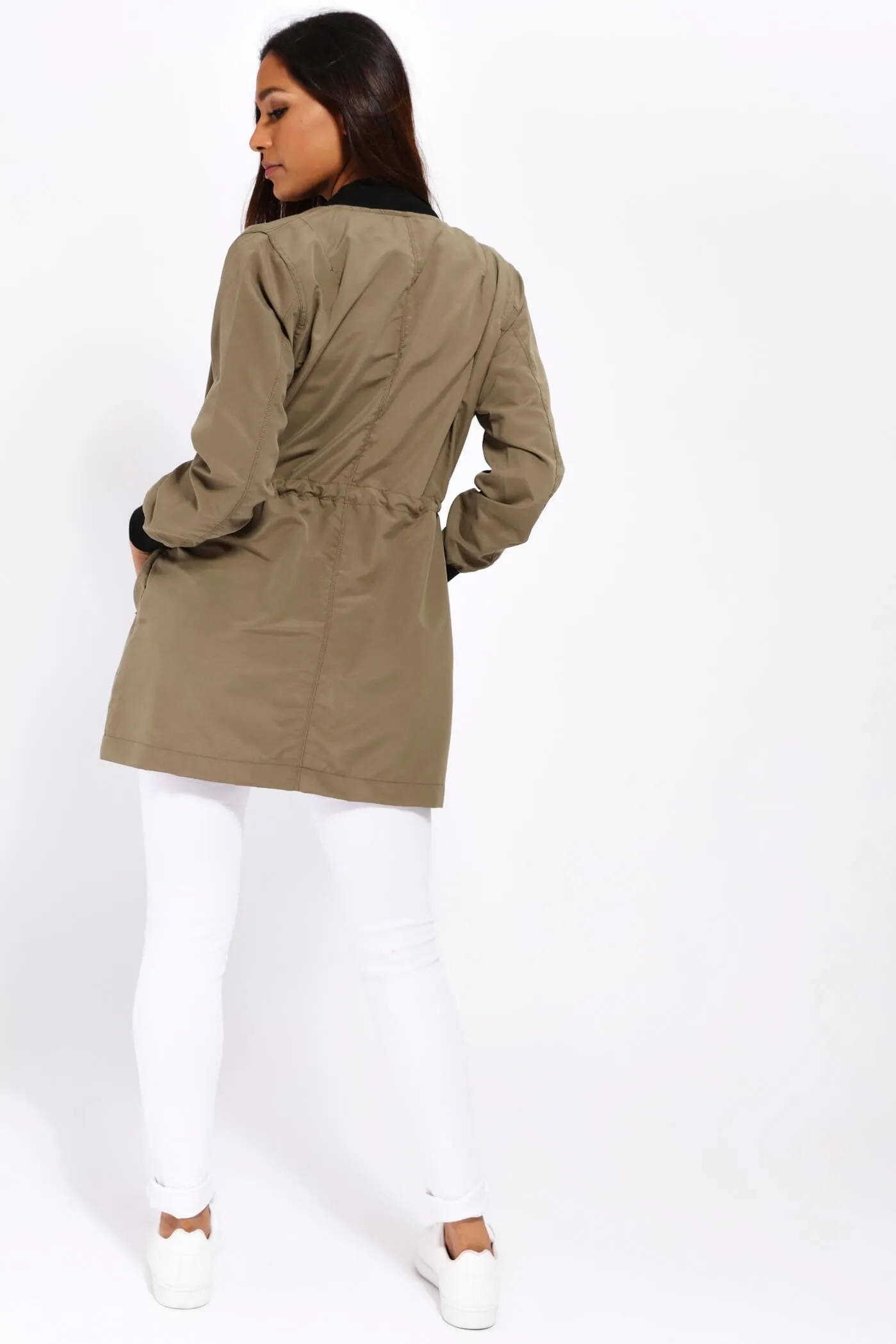 Khaki Zip Front Tie Waist Jacket