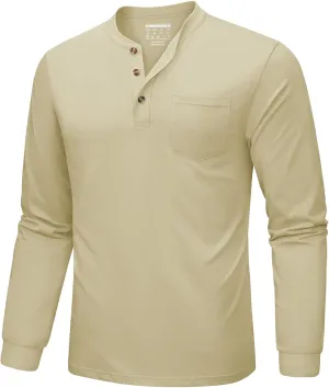 MAGNIVIT Mens Henley Shirts Long Sleeve Fall Cotton Casual T-Shirts with Pocket Plain Moisture Wicking Tee with 3 Button