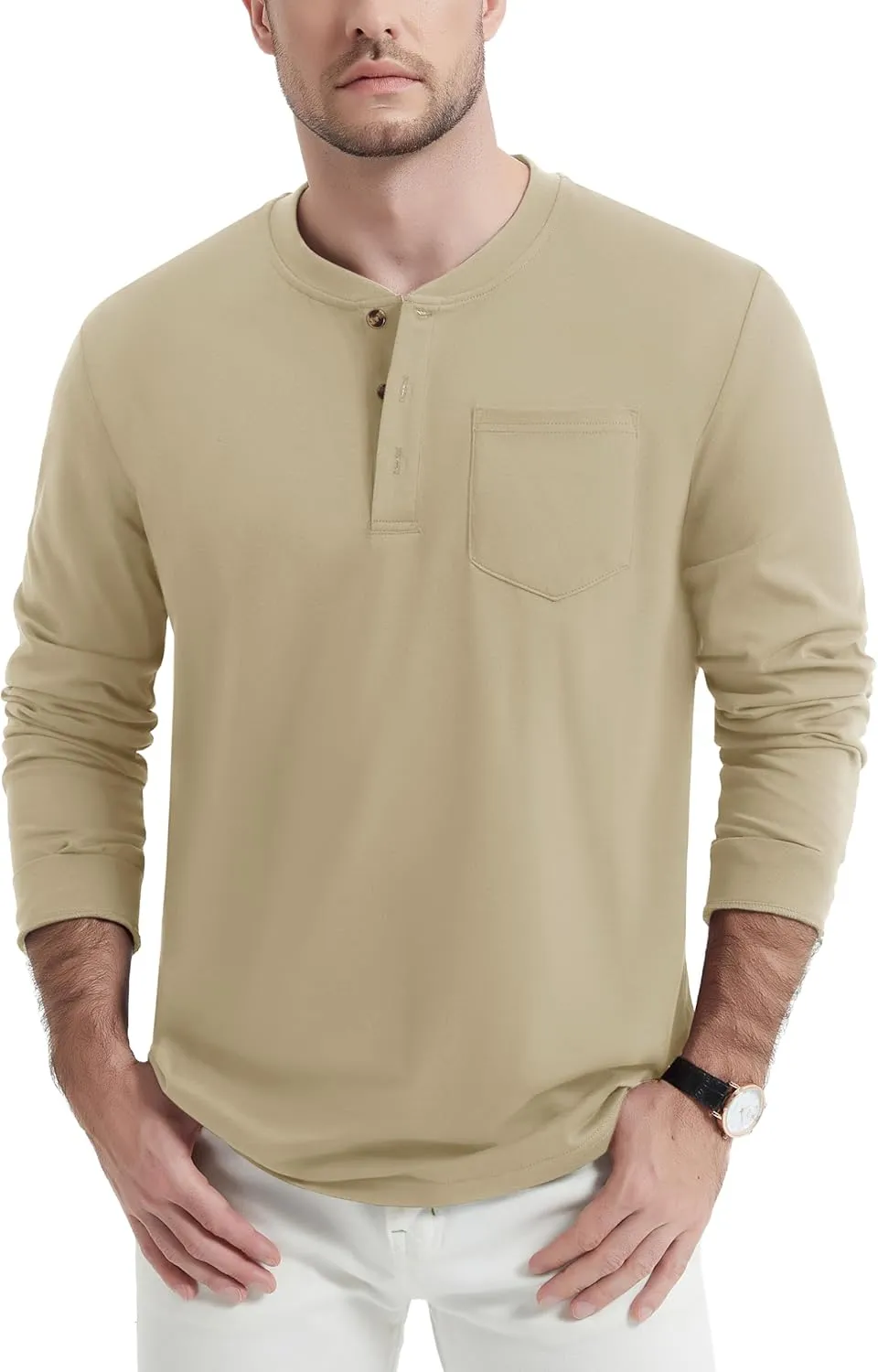 MAGNIVIT Mens Henley Shirts Long Sleeve Fall Cotton Casual T-Shirts with Pocket Plain Moisture Wicking Tee with 3 Button