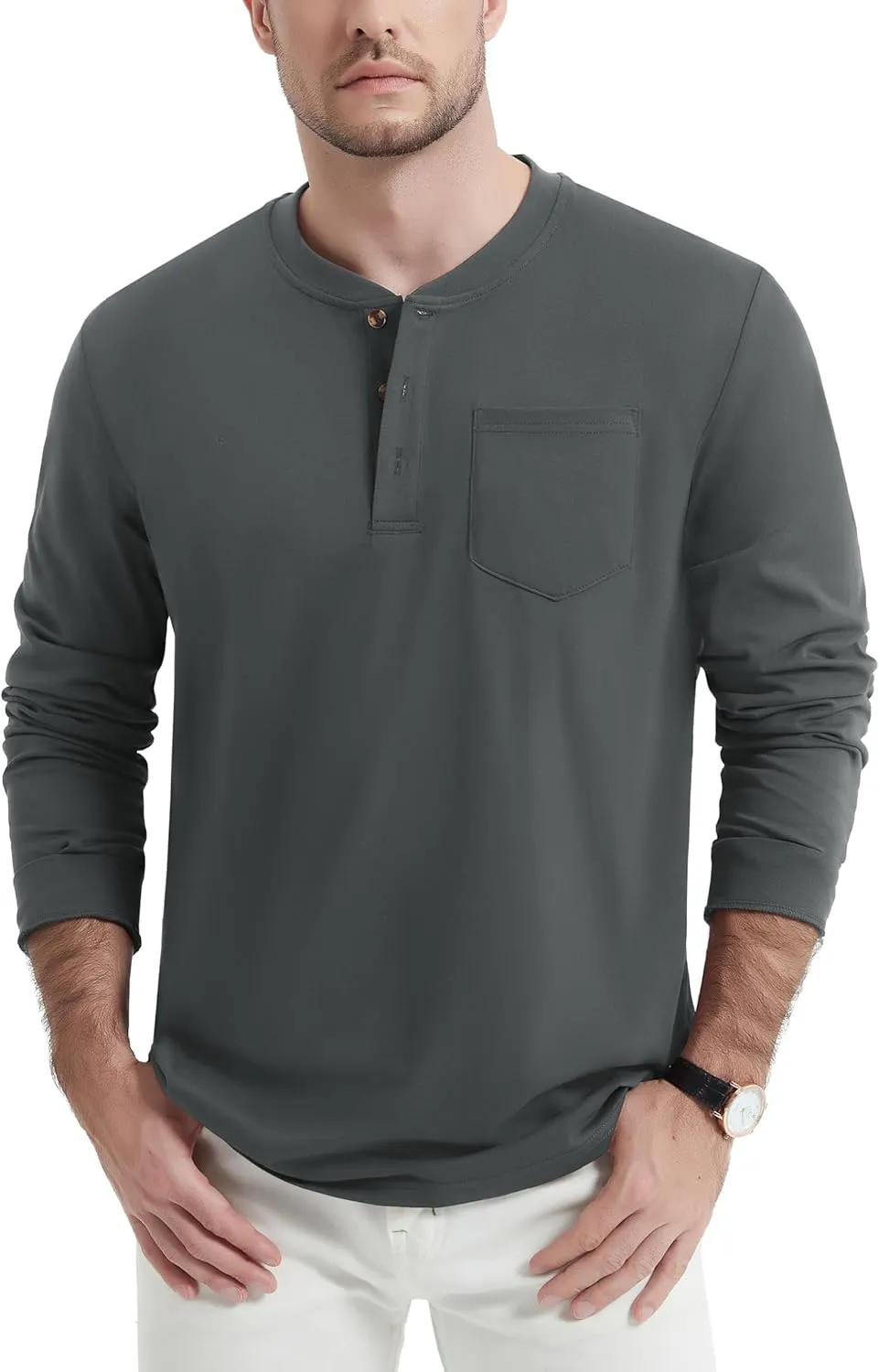 MAGNIVIT Mens Henley Shirts Long Sleeve Fall Cotton Casual T-Shirts with Pocket Plain Moisture Wicking Tee with 3 Button