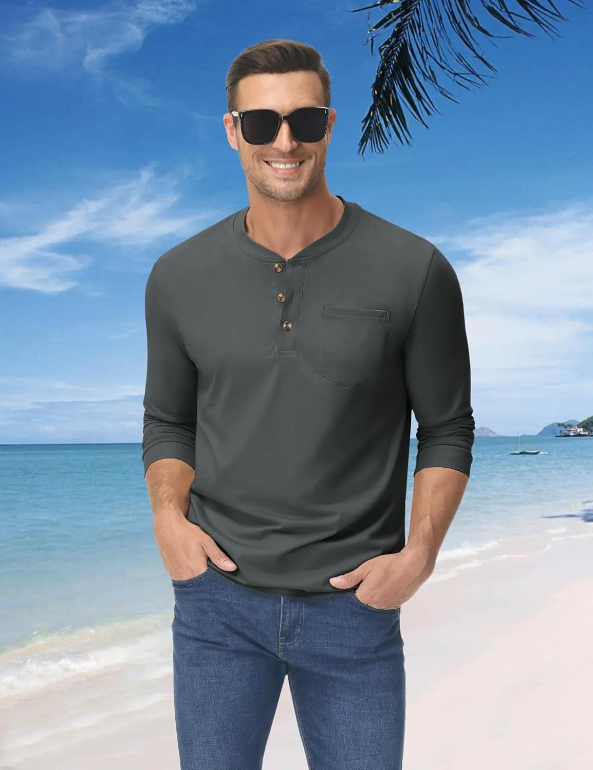 MAGNIVIT Mens Henley Shirts Long Sleeve Fall Cotton Casual T-Shirts with Pocket Plain Moisture Wicking Tee with 3 Button
