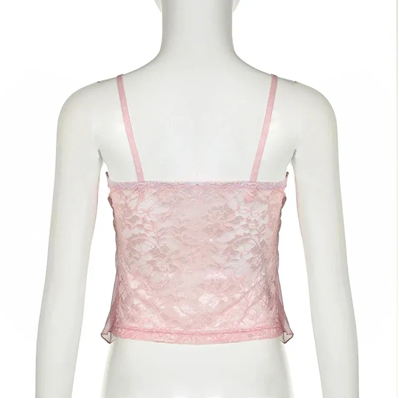 Metaversmall Sweet Strap Mesh Patchwork Lace Tops Camisole Transparent 90s Aesthetic Y2K Clothing Bow Cutecore Korean Cropped Tops