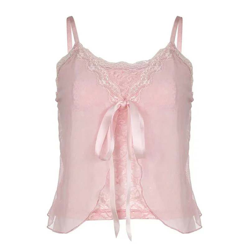 Metaversmall Sweet Strap Mesh Patchwork Lace Tops Camisole Transparent 90s Aesthetic Y2K Clothing Bow Cutecore Korean Cropped Tops
