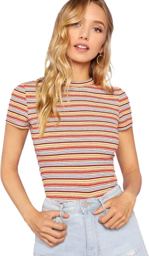 Milumia Women's Casual Multi Striped Ribbed Short Sleeve Solid Tee Knit Top