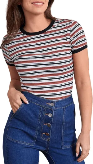 Milumia Women's Casual Multi Striped Ribbed Short Sleeve Solid Tee Knit Top