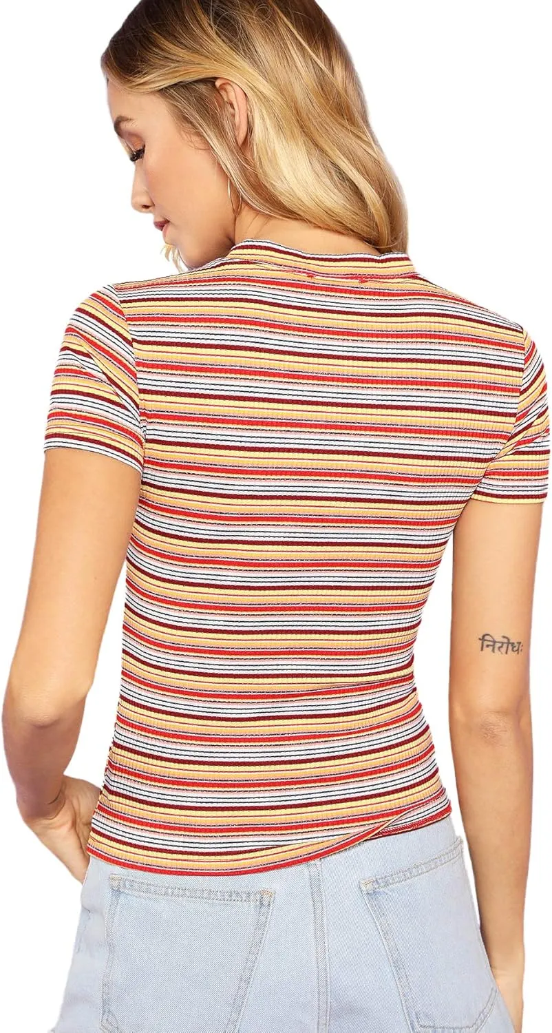 Milumia Women's Casual Multi Striped Ribbed Short Sleeve Solid Tee Knit Top