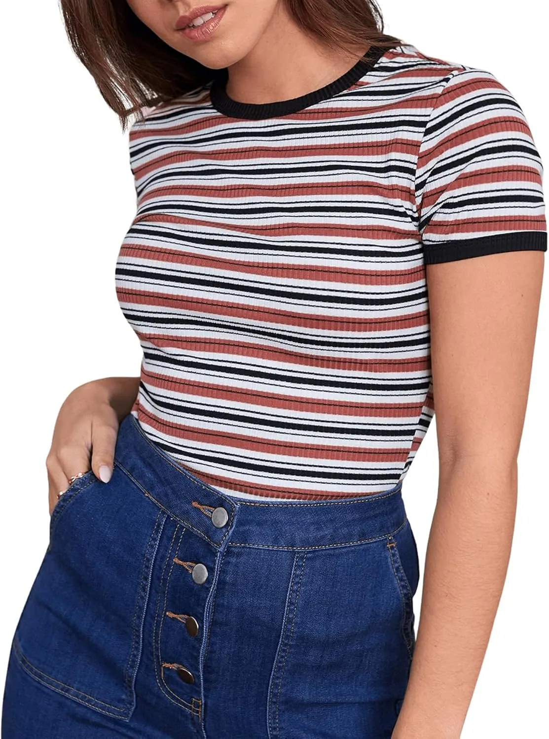 Milumia Women's Casual Multi Striped Ribbed Short Sleeve Solid Tee Knit Top