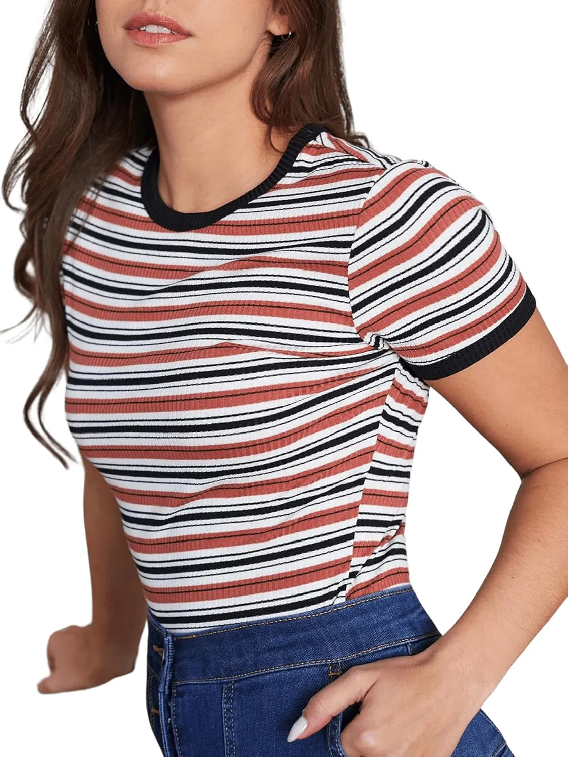 Milumia Women's Casual Multi Striped Ribbed Short Sleeve Solid Tee Knit Top