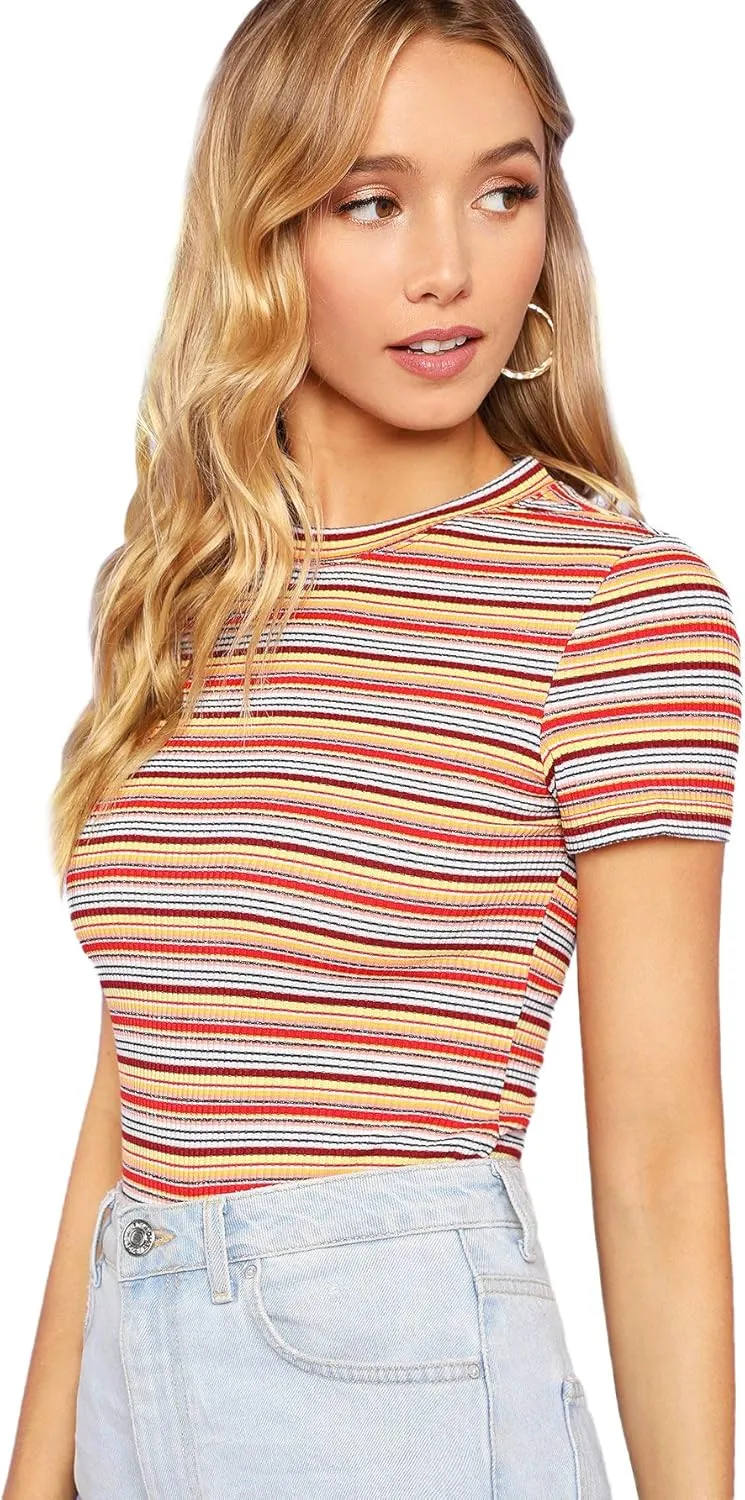 Milumia Women's Casual Multi Striped Ribbed Short Sleeve Solid Tee Knit Top