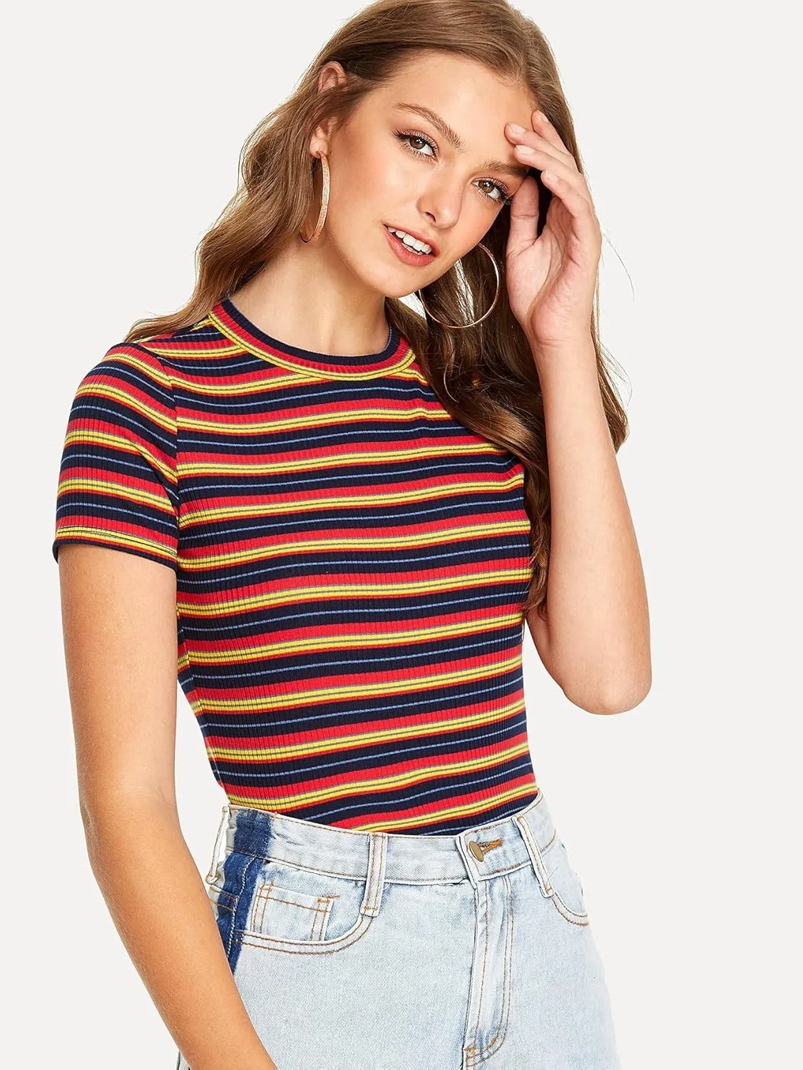 Milumia Women's Casual Multi Striped Ribbed Short Sleeve Solid Tee Knit Top