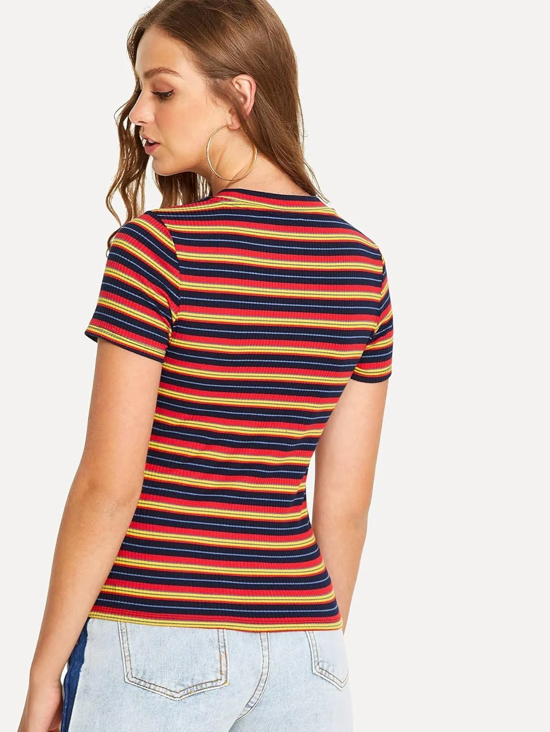 Milumia Women's Casual Multi Striped Ribbed Short Sleeve Solid Tee Knit Top