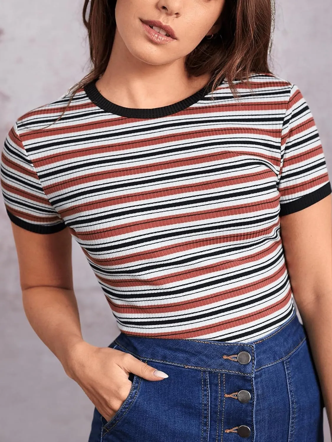 Milumia Women's Casual Multi Striped Ribbed Short Sleeve Solid Tee Knit Top