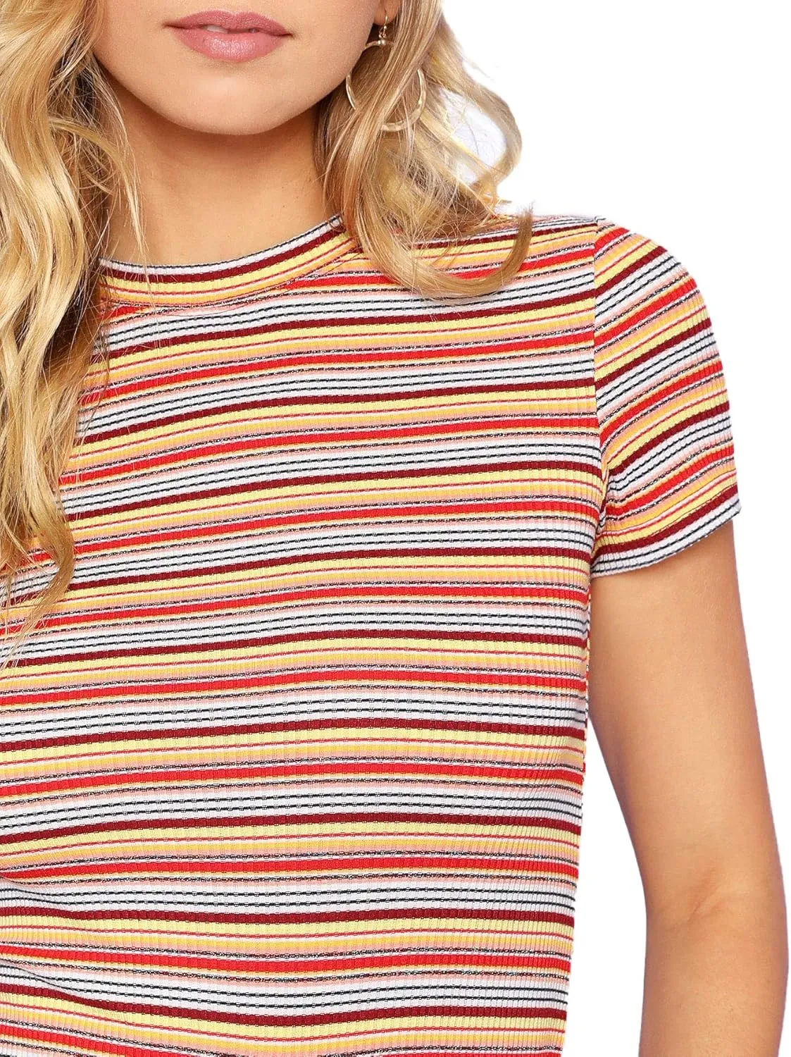 Milumia Women's Casual Multi Striped Ribbed Short Sleeve Solid Tee Knit Top