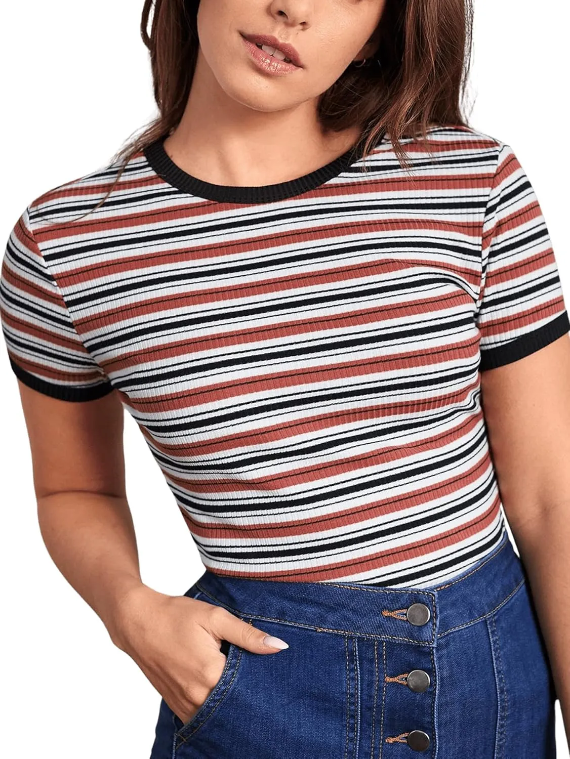 Milumia Women's Casual Multi Striped Ribbed Short Sleeve Solid Tee Knit Top