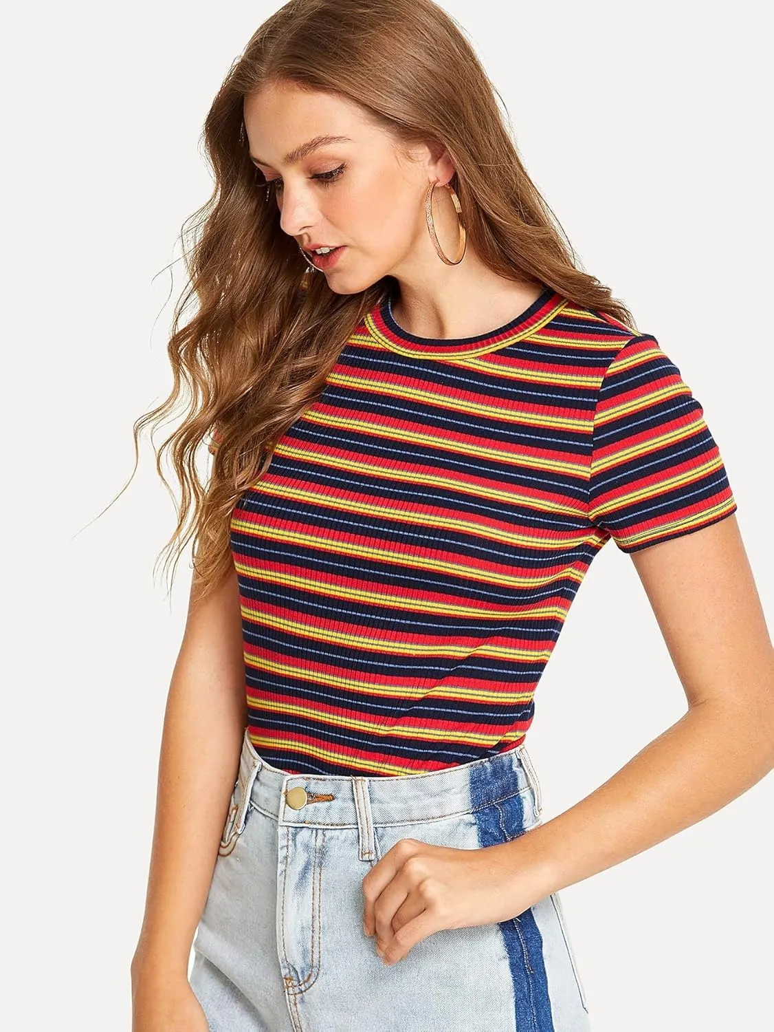 Milumia Women's Casual Multi Striped Ribbed Short Sleeve Solid Tee Knit Top