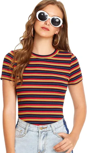 Milumia Women's Casual Multi Striped Ribbed Short Sleeve Solid Tee Knit Top
