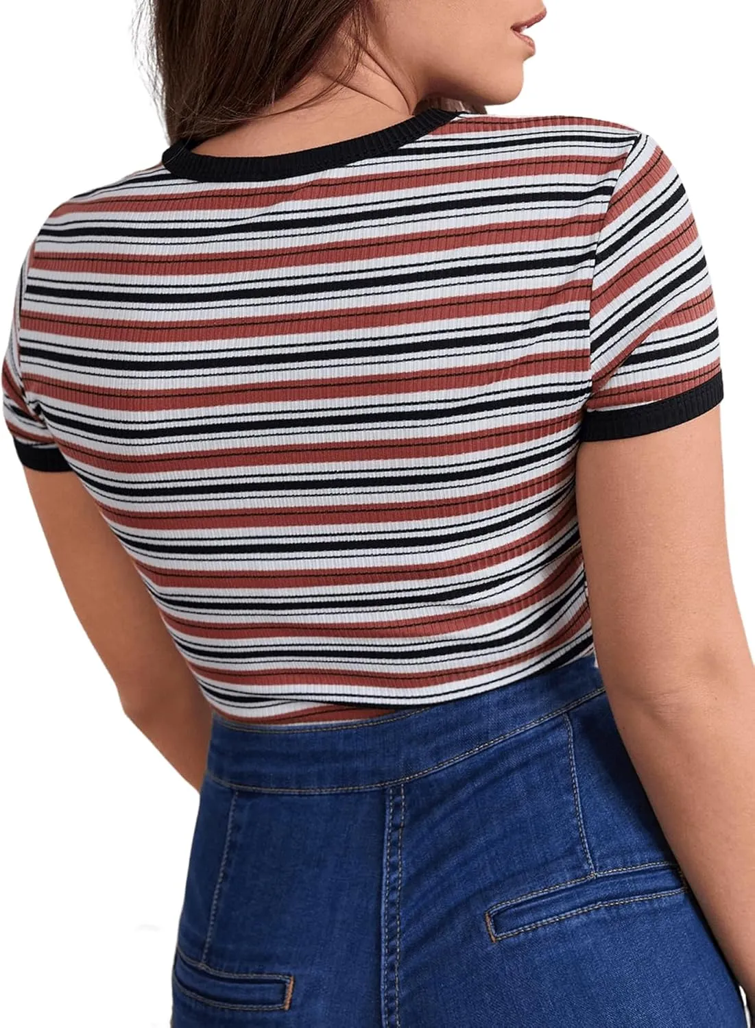 Milumia Women's Casual Multi Striped Ribbed Short Sleeve Solid Tee Knit Top
