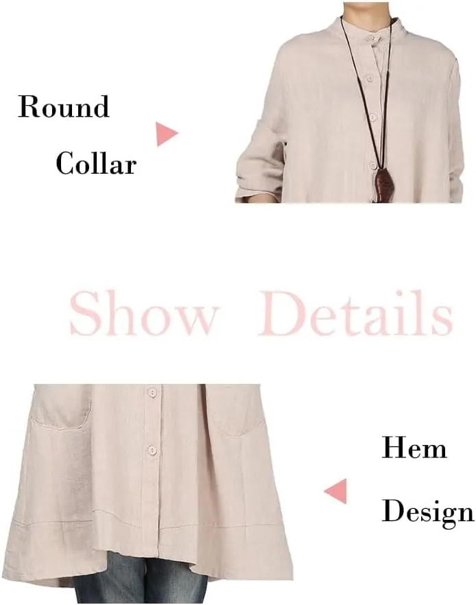 Minibee Women's Oversized Button Down Shirts Long Sleeve Cotton Linen Light Blouse Jacket With Pockets