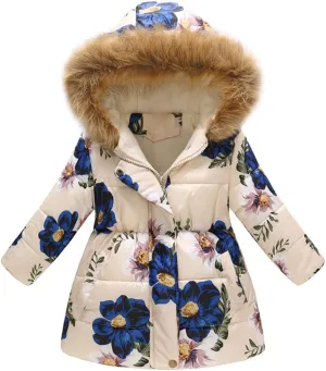 ODIZLI Kids Girls Boys Light Puffer Floral Print Faux Fur Hoodie Zip Up Fleece Fall Winter Jacket