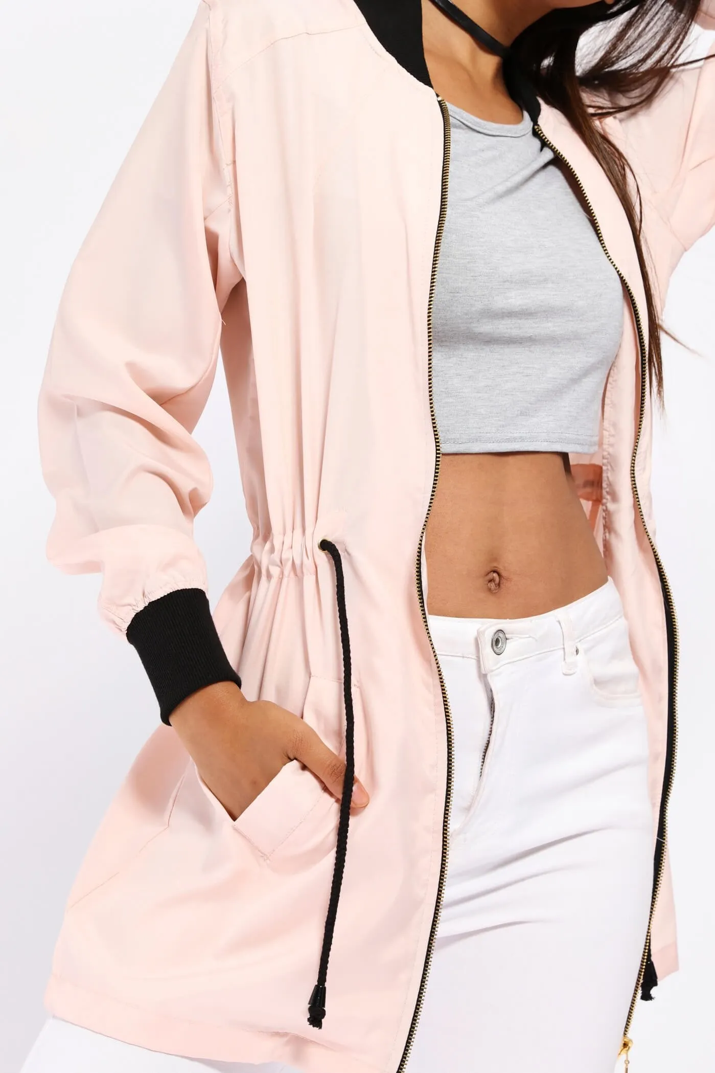 Pink Zip Front Tie Waist Jacket