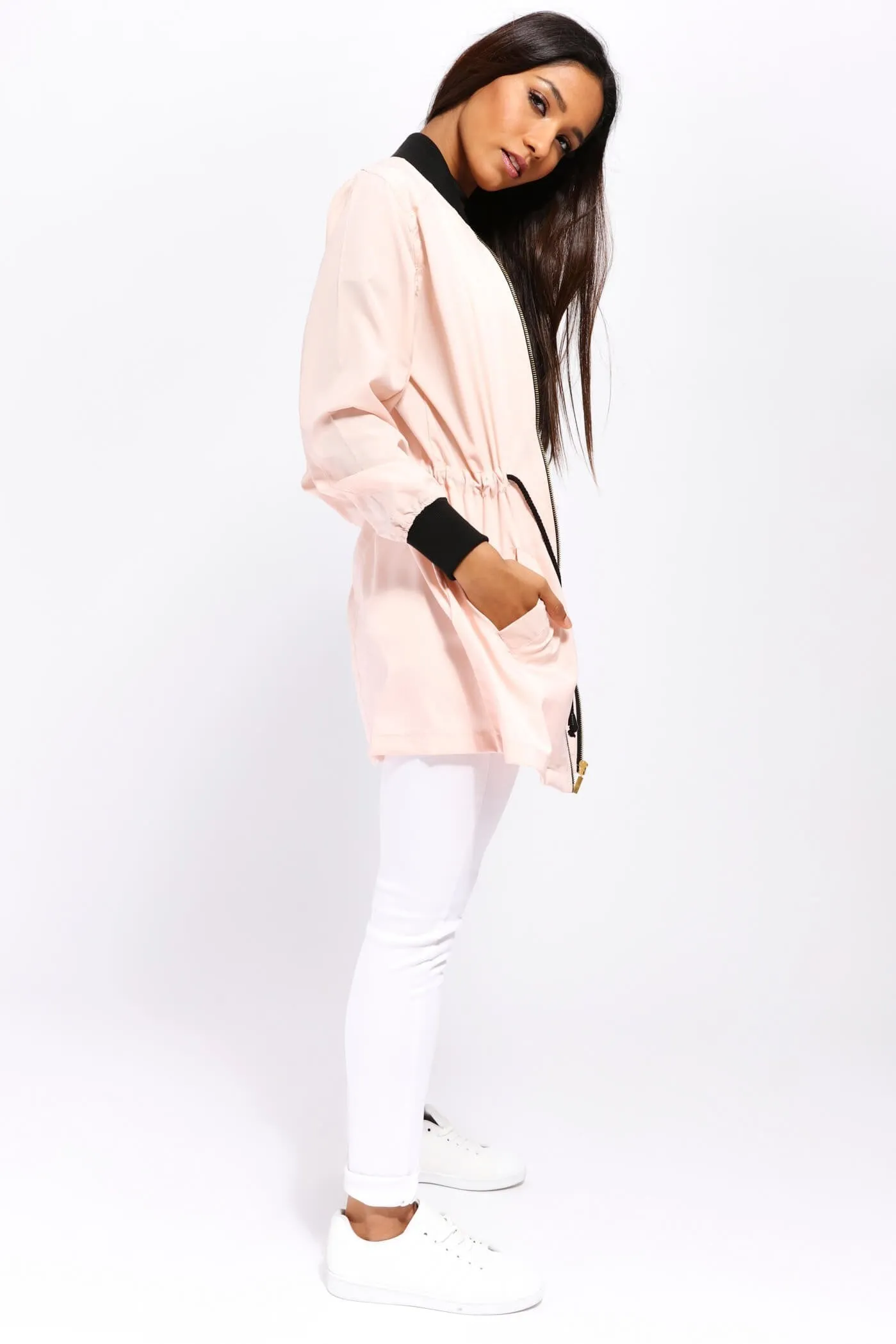 Pink Zip Front Tie Waist Jacket