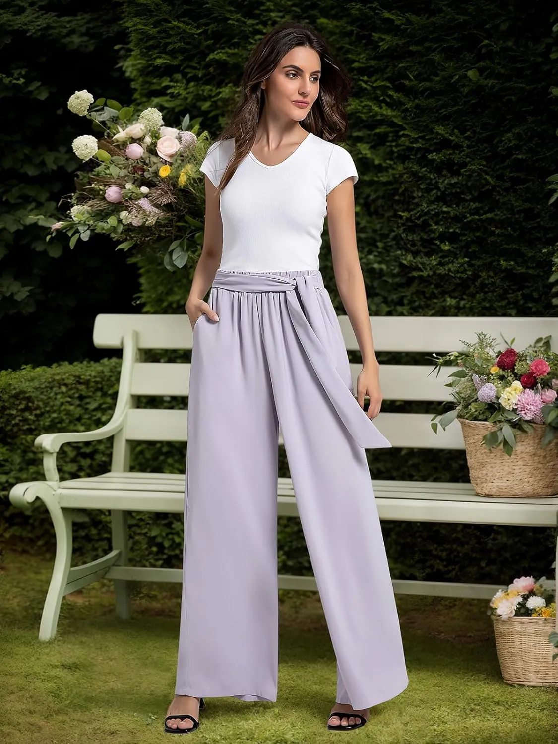 QIANXIZHAN Women's Wide Leg Pants, High Waisted Palazzo Pants Dressy Summer Flowy Casual Lounge Work Dress Pants Trousers WL