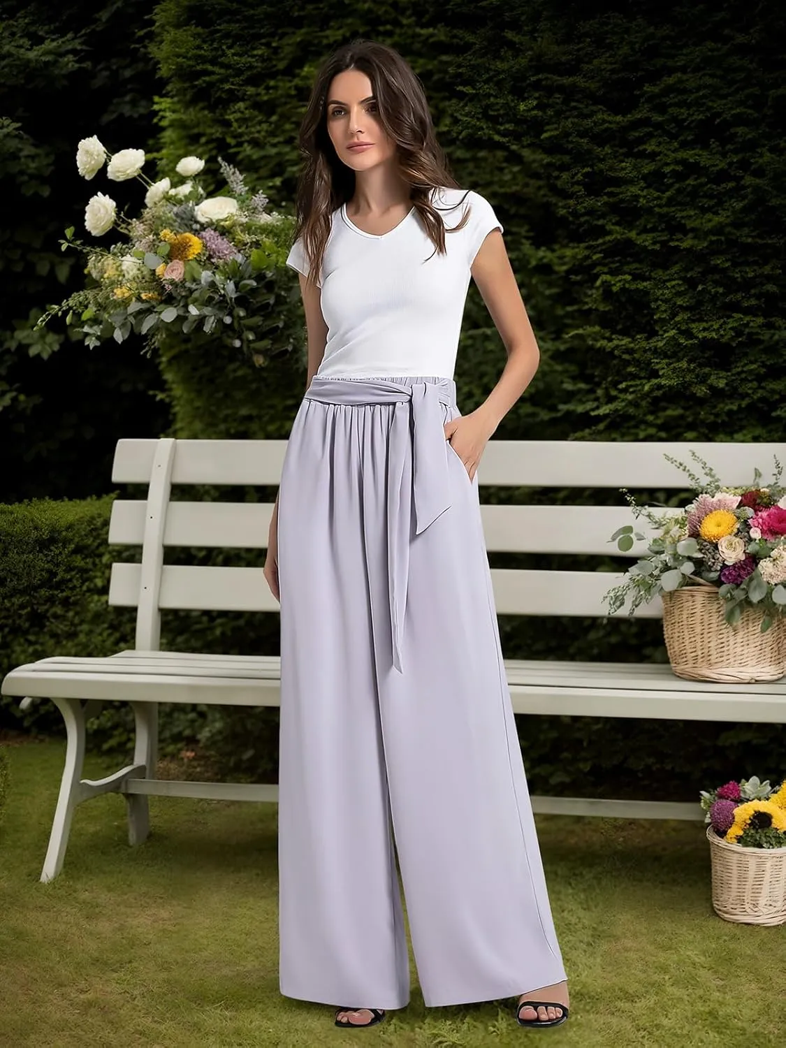 QIANXIZHAN Women's Wide Leg Pants, High Waisted Palazzo Pants Dressy Summer Flowy Casual Lounge Work Dress Pants Trousers WL