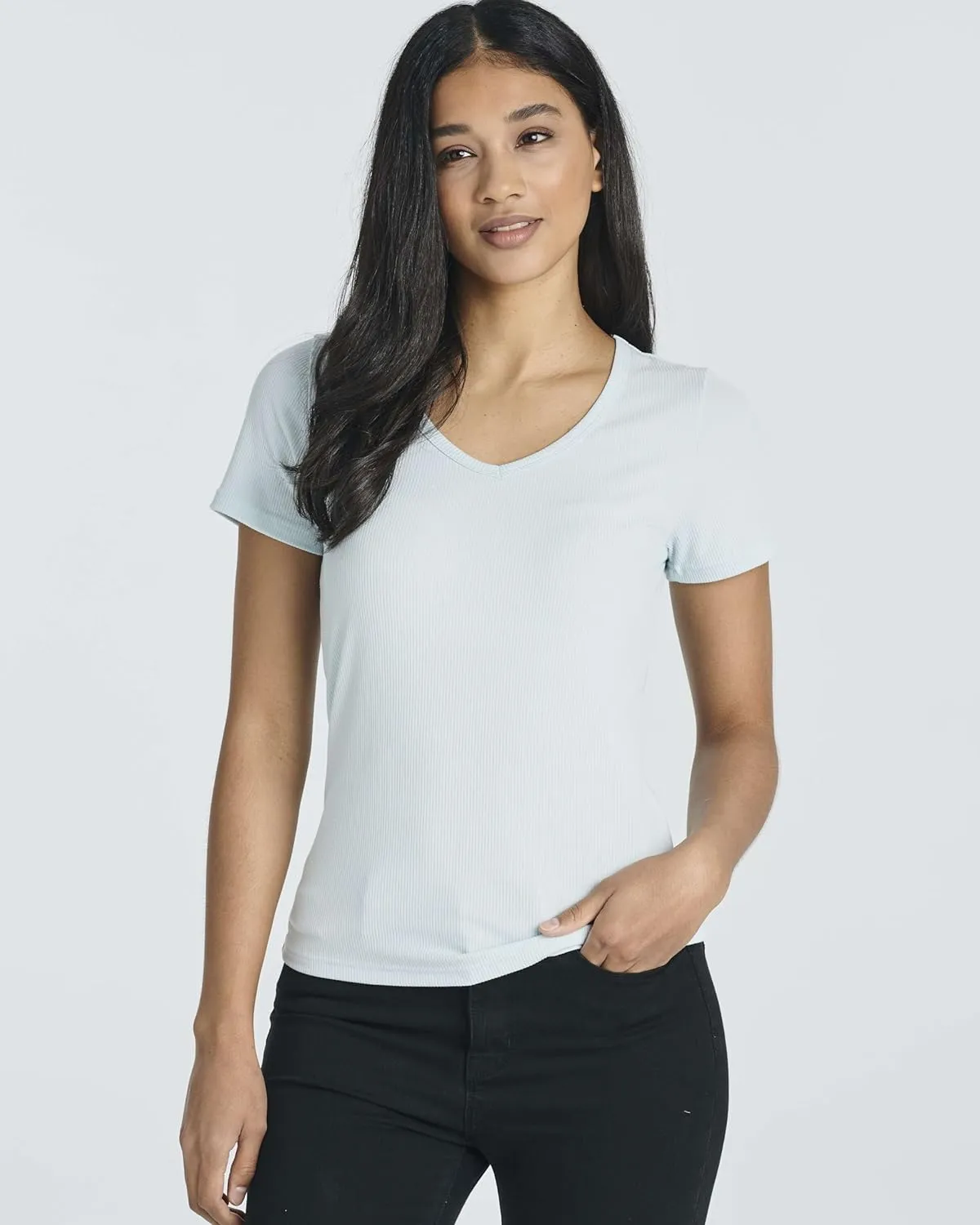 Real Essentials 5 Pack: Women's Soft Ribbed Short Sleeve V-Neck T-Shirt Casual Summer Tee Shirts