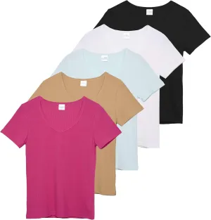 Real Essentials 5 Pack: Women's Soft Ribbed Short Sleeve V-Neck T-Shirt Casual Summer Tee Shirts
