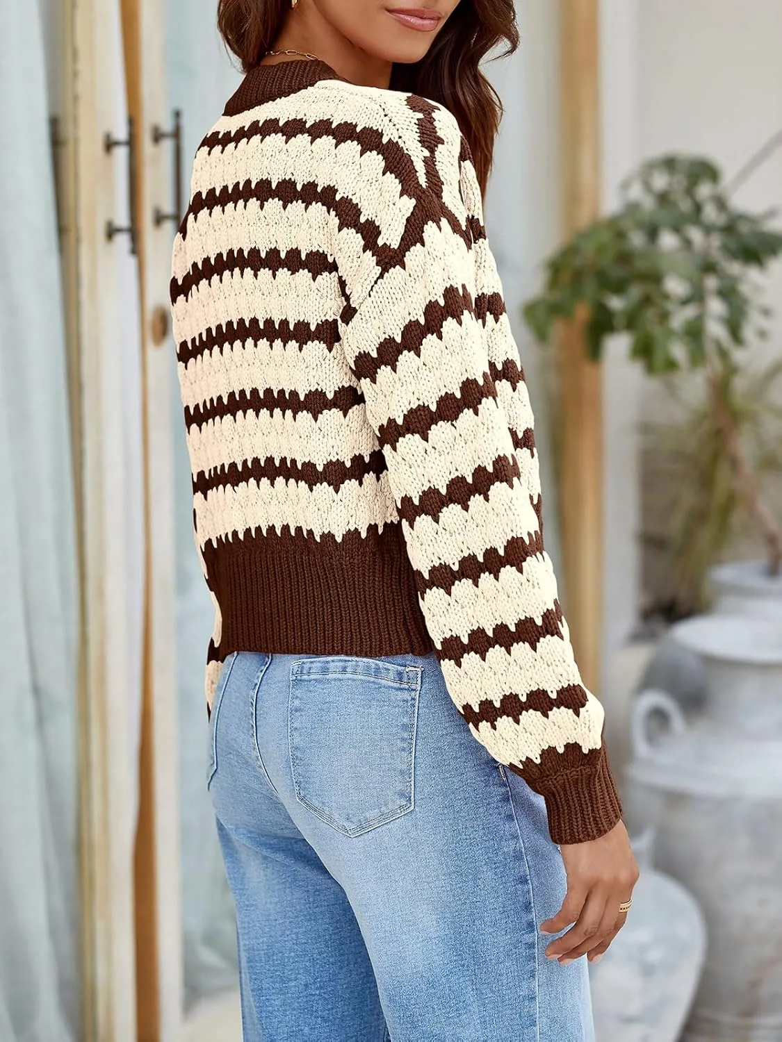 Saodimallsu Womens Cropped Cardigan Striped Open Front Long Lantern Sleeve Color Block Loose Chunky Knit Sweater Coat