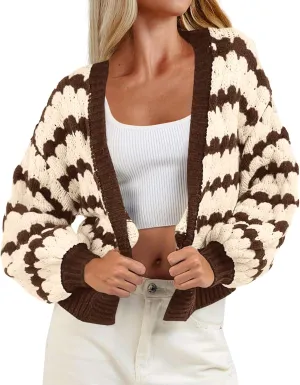 Saodimallsu Womens Cropped Cardigan Striped Open Front Long Lantern Sleeve Color Block Loose Chunky Knit Sweater Coat