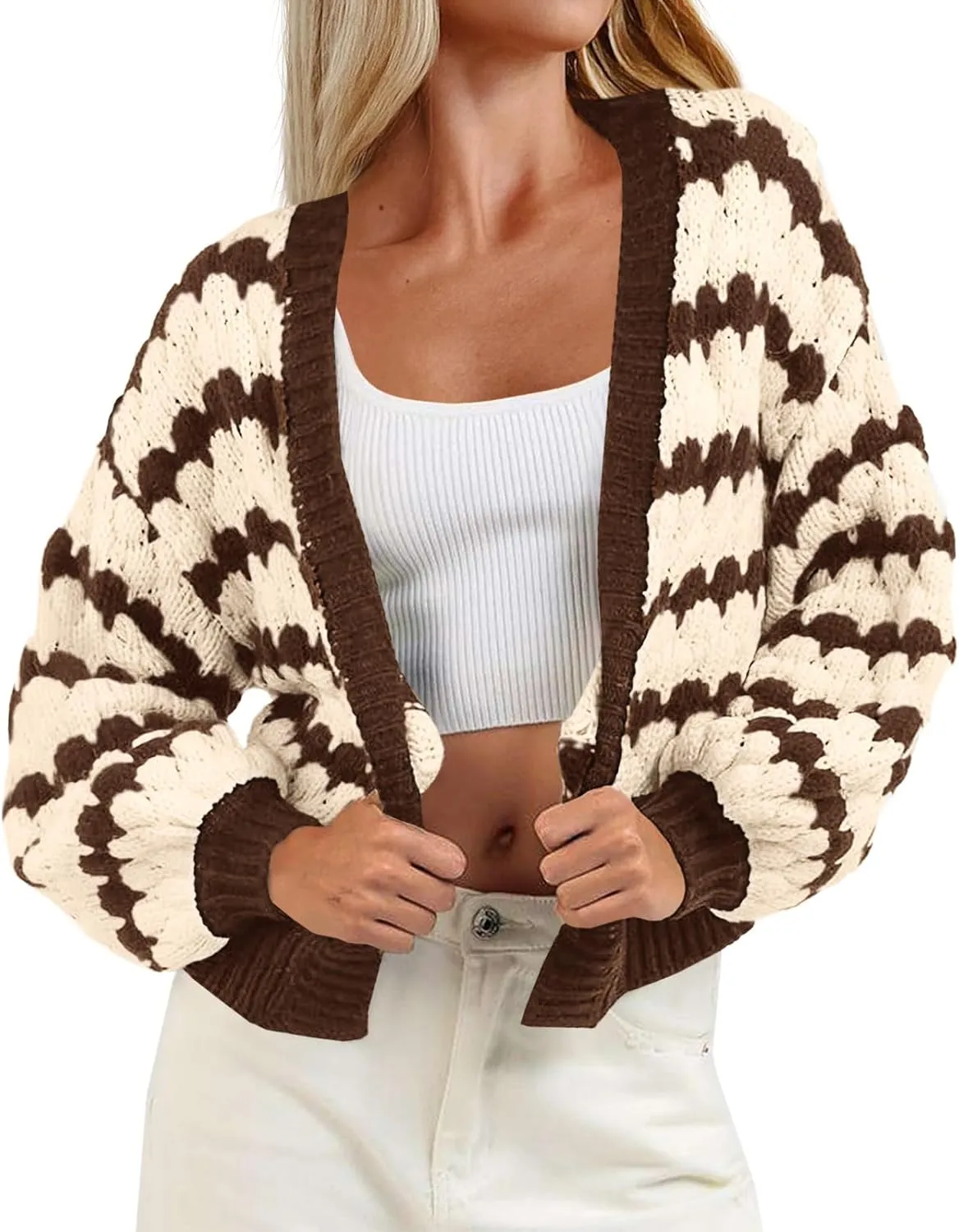 Saodimallsu Womens Cropped Cardigan Striped Open Front Long Lantern Sleeve Color Block Loose Chunky Knit Sweater Coat