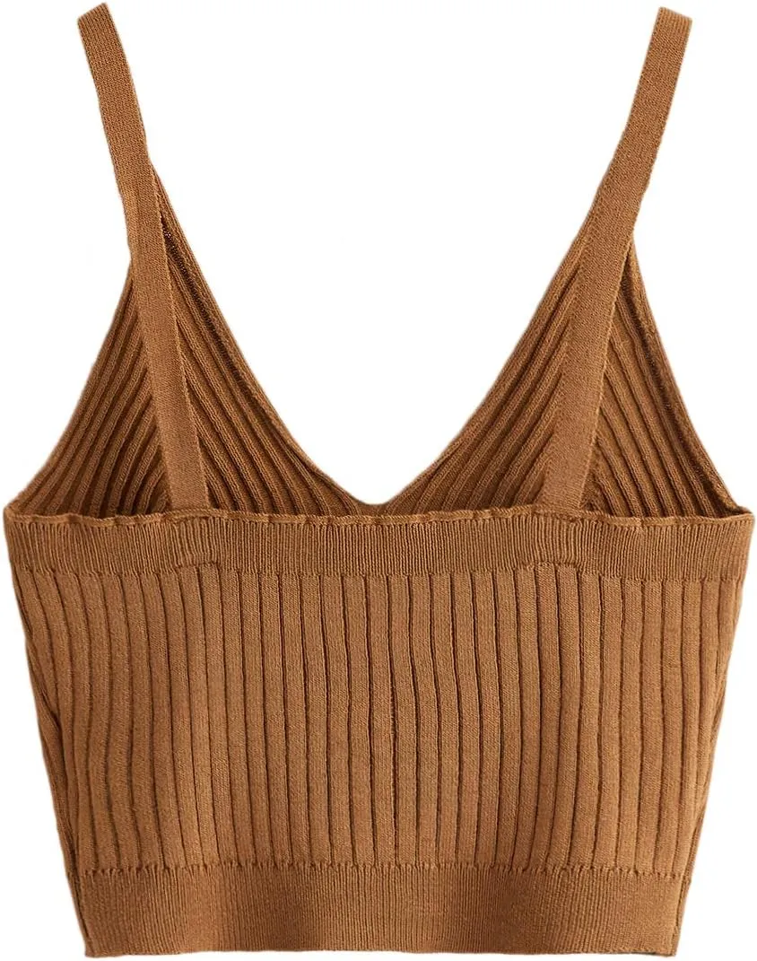 SweatyRocks Women's V Neck Crop Cami Top Ribbed Knit Spaghetti Strap Sleeveless Vest