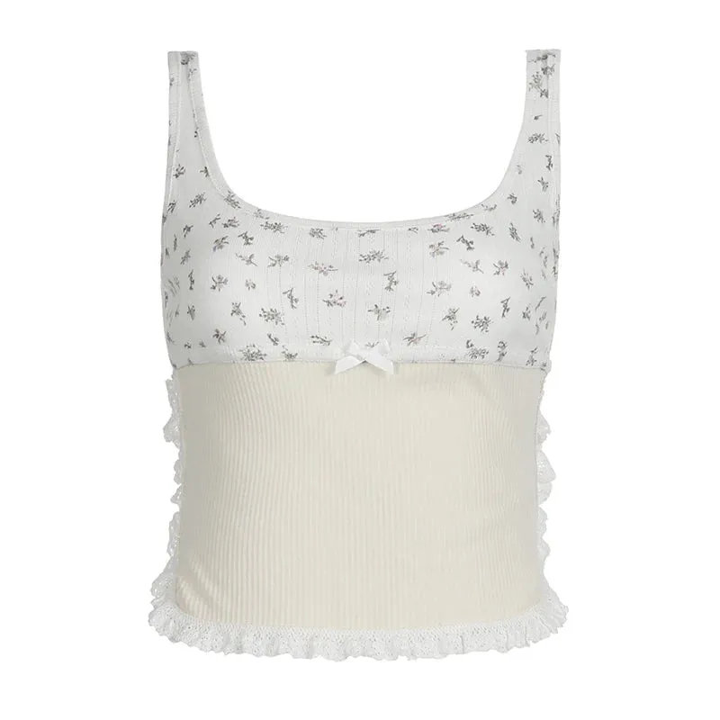 Sweet Floral Printed Lace Spliced Top